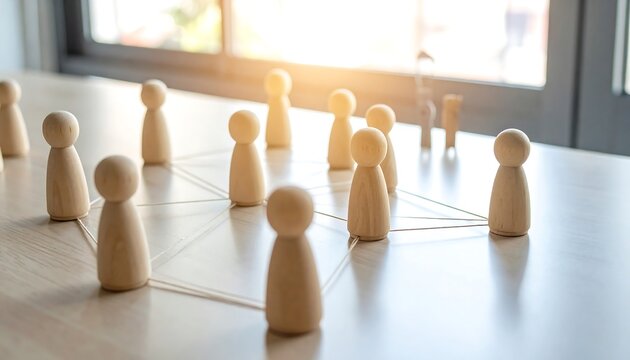 Wooden figures connected by string, symbolizing teamwork and collaboration on a light-wood table near a sunlit window