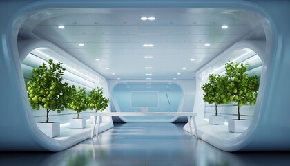 Futuristic Minimalist White Office Interior with Hydroponic Indoor Greenery