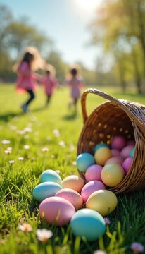 Children in pastel clothes run through a sunny meadow with a basket of colorful easter eggs. Spring celebration and easter egg hunt tradition unfolds on green grass.