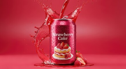 Strawberry soda can with cake design and fresh strawberries splashing