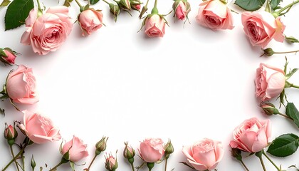Elegant pink rose floral frame surrounding a bright white background with a romantic and soft aesthetic