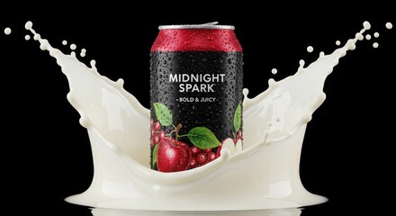 Midnight Spark energy drink can with dynamic milk splash