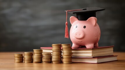 Piggy bank with graduation cap on books symbolizing education financing and savings for future generations in a creative financial concept photography