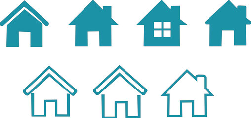 Obraz premium Simple House icon set vector glyphs. Real estate property symbols. Home security, smart home wifi, repair, eco leaf, love heart, key, idea lightbulb. For sale or rent concepts.