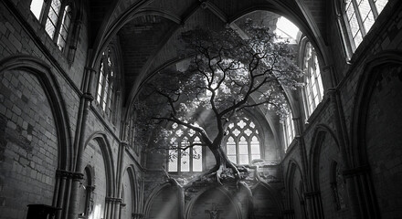 Tree Growing Inside Gothic Style Abandoned Church