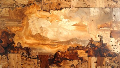 Wooden mosaic abstract with swirling light and dark tones forming a landscape-like composition, with textured, irregular blocks