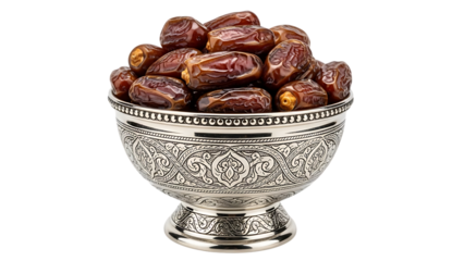 A silver bowl filled with dates isolated on transparent background