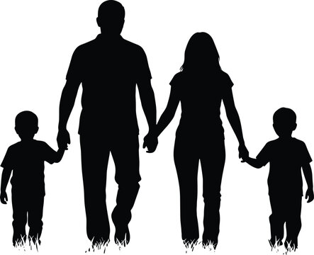 Happy family silhouette walking together holding hands, parents and children bonding, love and care concept, black vector illustration, isolated background - Powered by Adobe