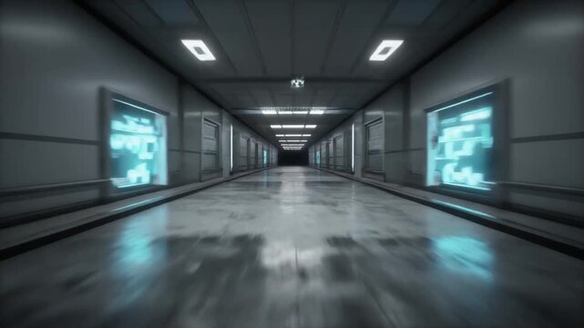 Long futuristic scifi corridor in a dark industrial facility with glowing lights.