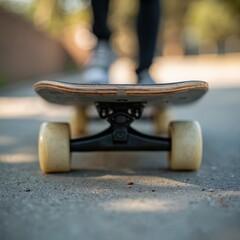 Obraz premium Skateboard on pavement with person blurred in background. Closeup low angle view of skateboard wheels and deck. Outdoor urban skateboarding activity.