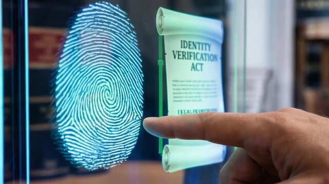 legal justice risk management concept. Digital fingerprint verification process displayed on a glass panel.