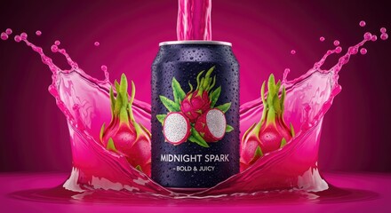 Vibrant dragon fruit soda can with splashing pink liquid and fresh fruits