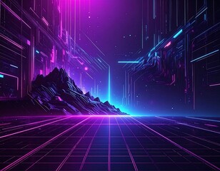 Futuristic landscape with grid, mountains, and neon lines