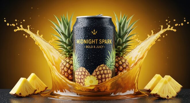 Midnight Spark pineapple soda can with fresh pineapples and juice splash