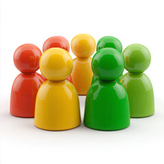 Vivid, high-gloss pawn figures form a circular group in red, green, and yellow tones. teamwork, unity, and playful collaboration, suitable for concepts of strategy, diversity, and collective effort.