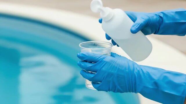Woman in blue glove pouring liquid from bottle into cup for swimming pool water testing and chemical balance.