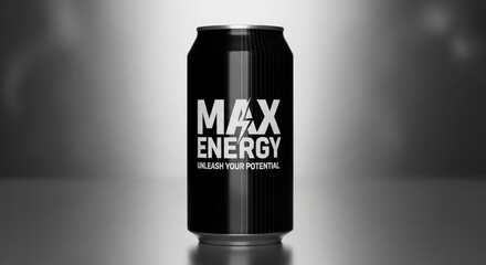 Black energy drink can with Unleash Your Potential slogan on modern background