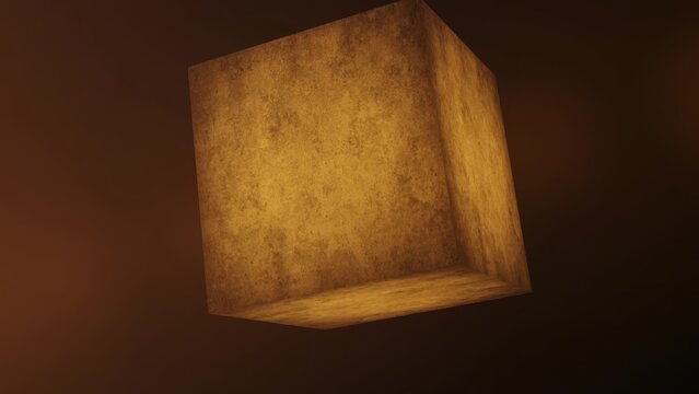 Floating ancient brown stone cube in dark space