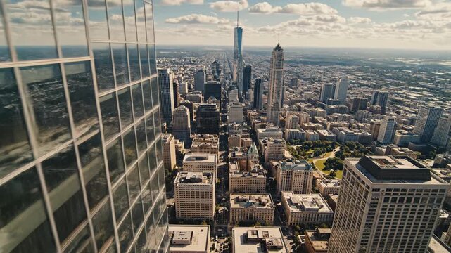 Stunning high angle cinematic shot of light reflecting off the towering glass facade of a modern skyscraper as the camera tilts down revealing the vast cityscape below downtown, tower, clouds