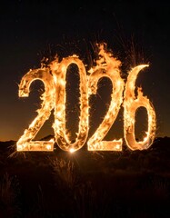Year "2026" ablaze with fire against dark sky and landscape