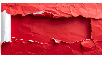 Close up of torn red paper revealing white and more red