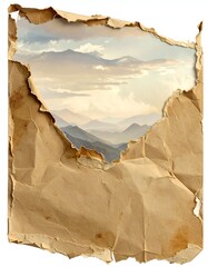 Mountain landscape seen through a torn, textured paper sheet