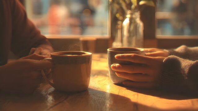 photorealistic lifestyle scene of couple coffee date focus on cups and hands warm caf&eacute; lighting romantic everyday moment