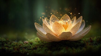 Glowing Lotus Flower On Mossy Forest Floor