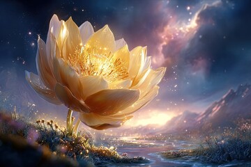 Glowing Golden Lotus Flower In Mystical Night Landscape