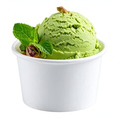 Creamy pistachio ice cream in white cup, garnished with mint & nuts