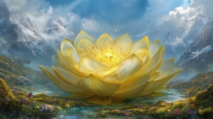Golden Lotus Flower Among Snowy Mountains