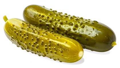 Two crisp, green pickles, with bumpy textures and visible brine