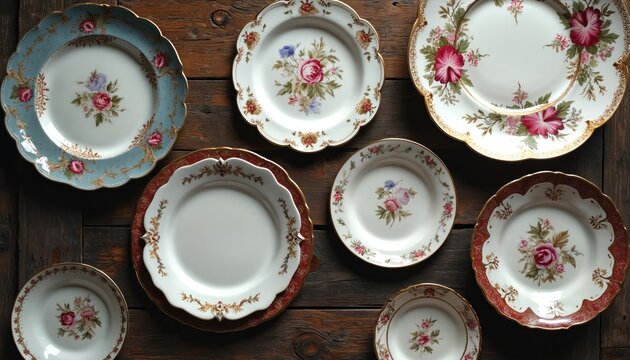 Collection of antique porcelain plates with floral designs. Vintage plates arranged on a wooden table. Old dinnerware set for display or use. Elegant crockery with gold trim. Beautiful tableware.