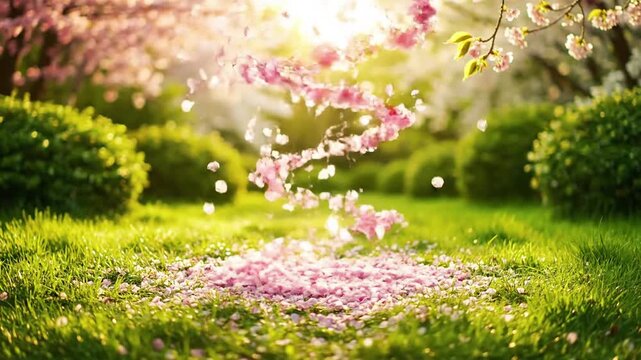 green grass and flowers, pink flowers in the garden