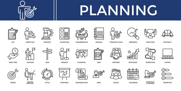 Planning icon set collection. Containing partner, program, efficiency, planning, task, contract, deal .Line vector icons collection