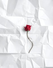 Red rose with stem on crumpled white paper backdrop