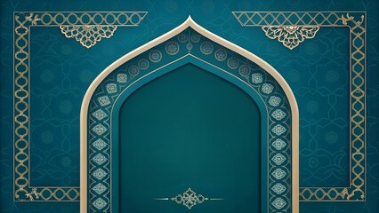 Elegant Teal Islamic Archway with Golden Geometric Patterns, Sacred Architecture, Decorative Design, Spiritual Ornamentation, AI Generated