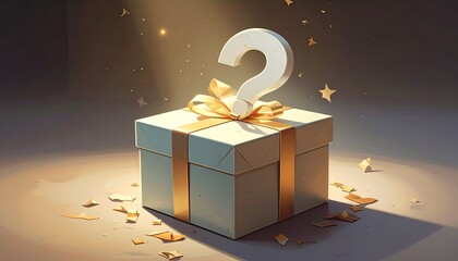 A question mark floats above a gift box with a golden bow, sparkling