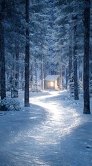 Snowy Forest Path With Illuminated Cabin