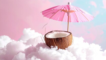 A halved coconut with pink umbrella rests atop soft, fluffy clouds