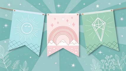 Whimsical Pastel Bunting Flags with Boho Symbols, Playful Decoration Design, Festive Atmosphere, Creative Party Decor, AI Generated