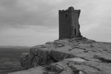 Monochrome Ruin Tower On Rocky Peak