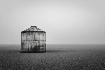 Isolated Gray Tower In A Misty Field