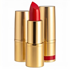 Bright red lipstick displayed with two gold tubes