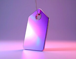 Shiny, metallic tag suspended by a wire, with gradient lighting