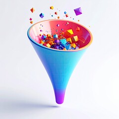 Colorful funnel shape overflowing with multi-colored 3D geometric shapes