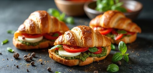Freshly baked croissants filled with ripe tomatoes, creamy mozzarella, and vibrant pesto sauce. These savory pastries make perfect appetizers or light meals for any occasion.