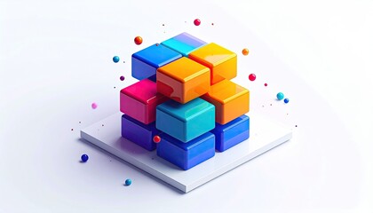 Geometric cube of colorful, glossy blocks on a white square platform