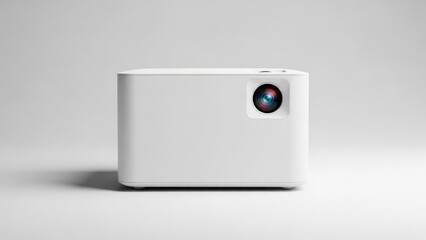 Modern white projector with lens on gray background