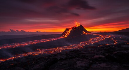 Vivid sunset casts glow over a volcano spewing molten lava down its slopes